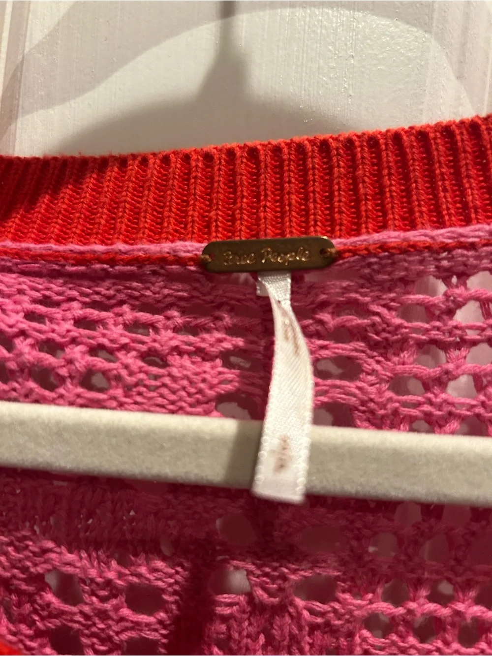 Free People Pink Crochet Knit Sweater with Red Trim